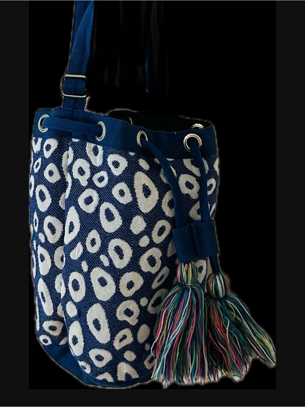Buckheadbetties Patterned Drawstring Shoulder Bucket Bag with Multicolor Tassels